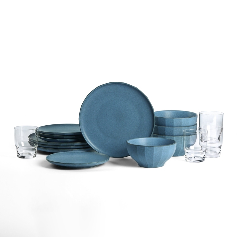Dinnerware Set Slate Blue Fluted Design Stoneware Coordinated Glassware