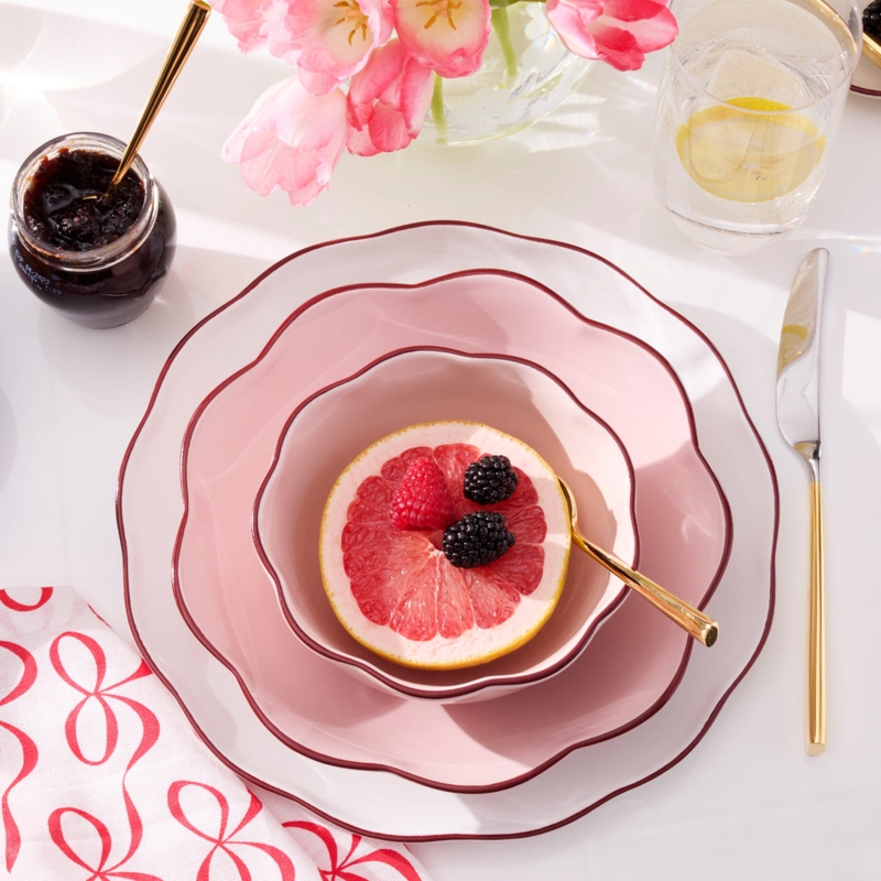 Dinnerware Set White Scalloped Edge Burgundy Rim Classic Feminine