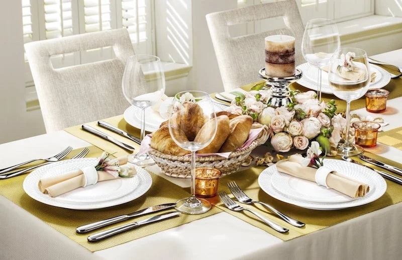 Dinnerware Set White Textured and Gold Woven Placemats