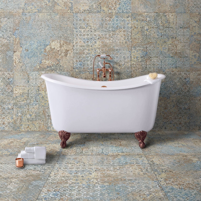 Distressed Carpet Look Tile Bathroom with Rose Gold Tub