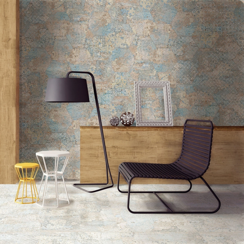 Distressed Hexagonal Wall Tile and Minimalist Lounge Chair
