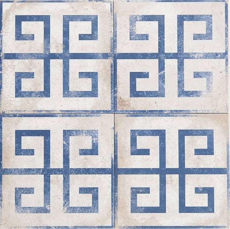 Distressed Mediterranean Wall Tile with Weathered Azul Greek Key Pattern