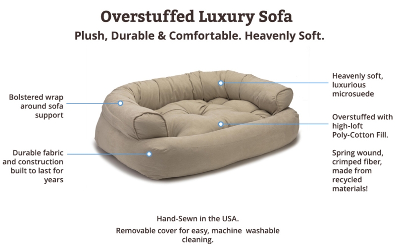 Dog Bed, Beige Microsuede, Overstuffed Bolsters, Washable.