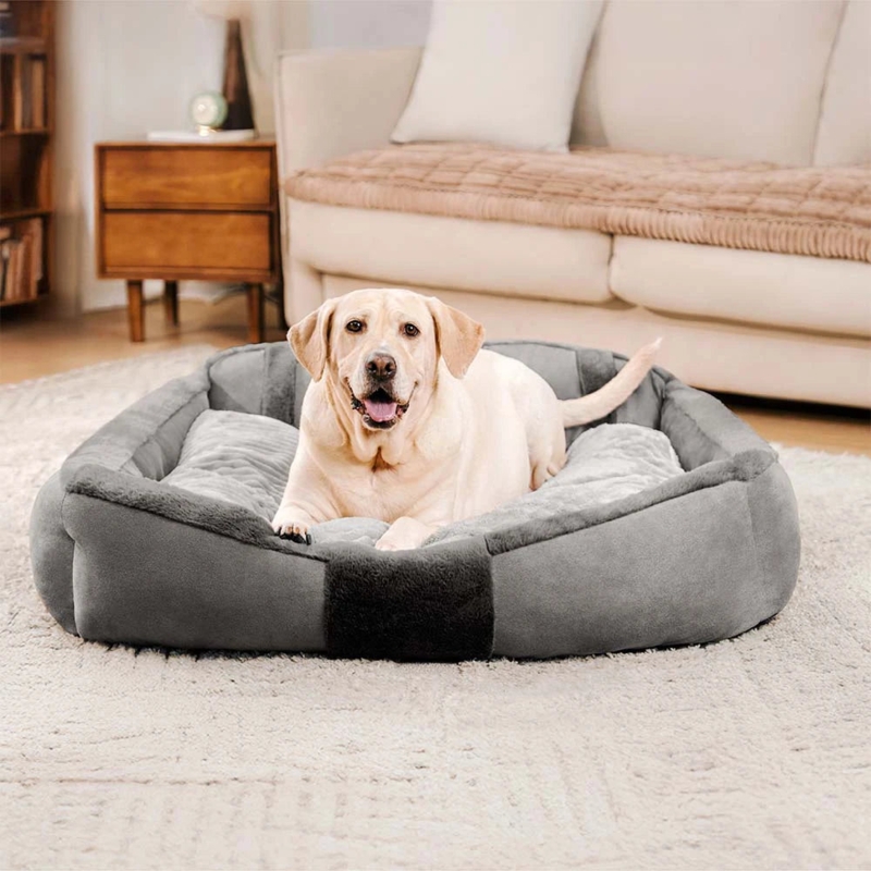 Dog Bed Bolstered Sides Plush Interior Grey Quilted Surface
