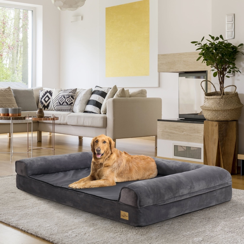 Dog Bed, Charcoal Gray, Bolstered Sides, Orthopedic Base.