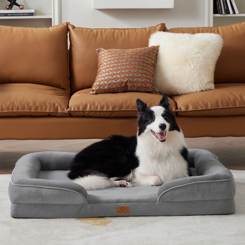 Dog Bed, Charcoal Plush, Bolster Edges, Orthopedic Base.