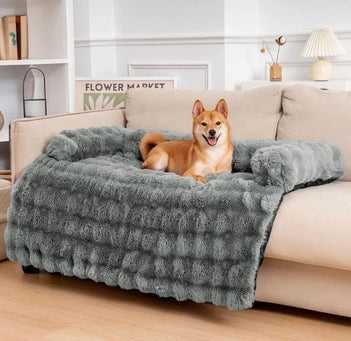 Dog Bed, Charcoal, Protective Flap, Quilted Plush Texture.