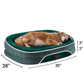 Dog Bed Dark Green Plush Oval Shape with Contrast Piping Bolster