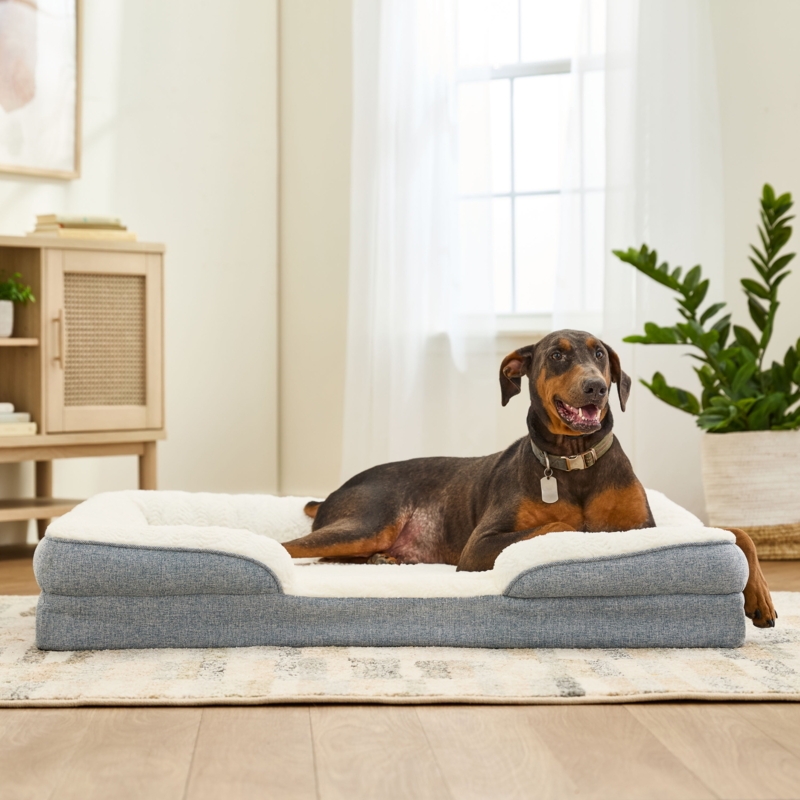 Dog Bed Denim Blue Upholstery with Plush Cream Interior Bolster