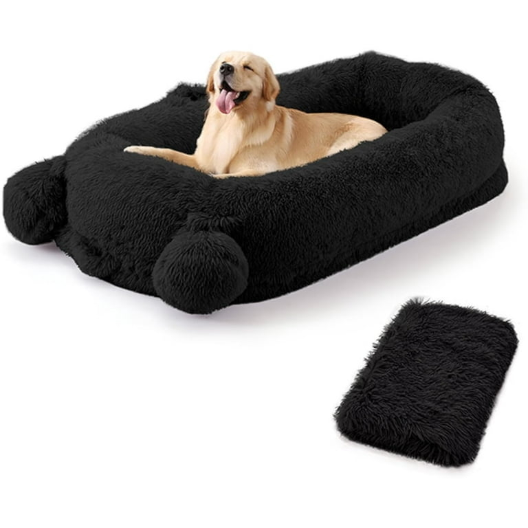 Dog Bed Extra Large Black Shaggy Texture with Deep Bolster Walls
