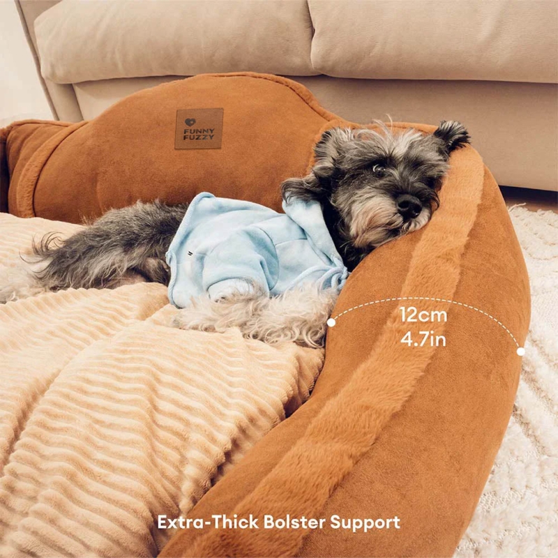 Dog Bed Extra Thick Bolster Camel Ribbed Liner Faux Fur