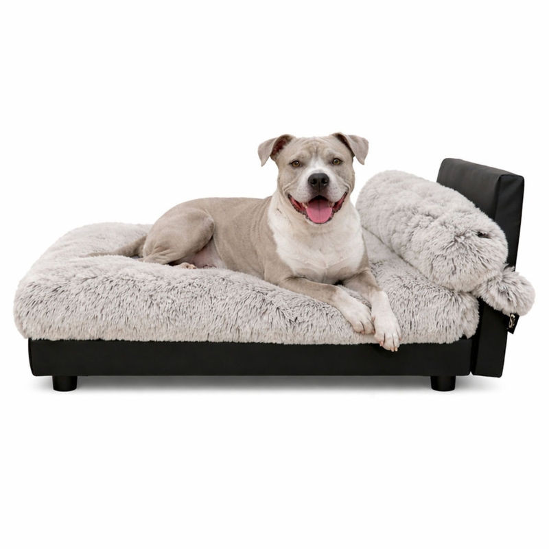 Dog Bed Long-Pile Fur Black Elevated Base Bolster Back