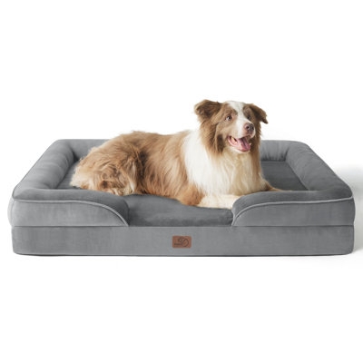 Dog Bed Orthopedic Foam Grey Bolster Sides Piped Trim