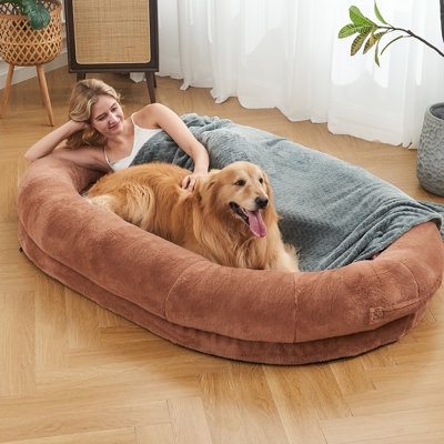 Dog Bed Plush Faux-Fur Terracotta Bolster Rim Oversized