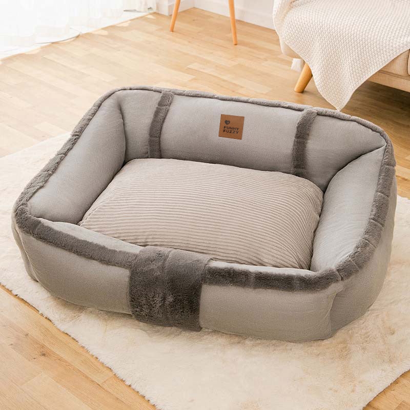Dog Bed Ribbed Center Cushion Grey Plush Trim Rectangular