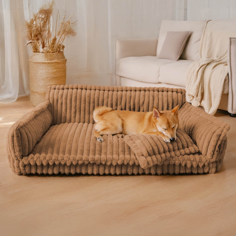 Dog Bed Ribbed Texture Camel Sofa Silhouette Plush Fabric
