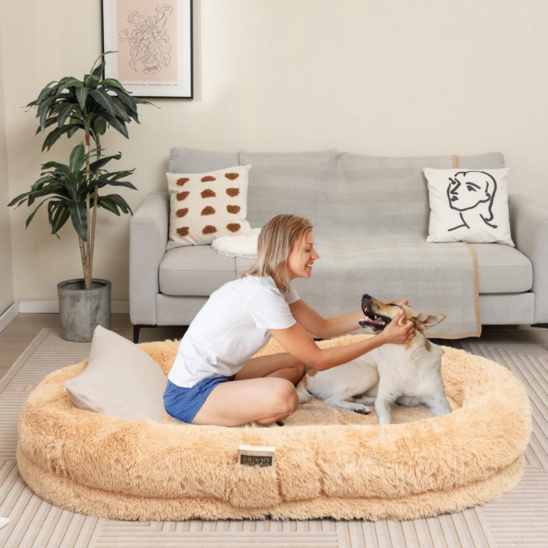 Dog Bed Tan Shaggy Texture Oval Shape with Bolster Edge Seating