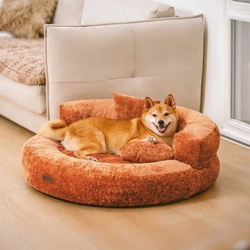 Dog Bed, Terracotta Plush, Bolstered Back, Round Silhouette.
