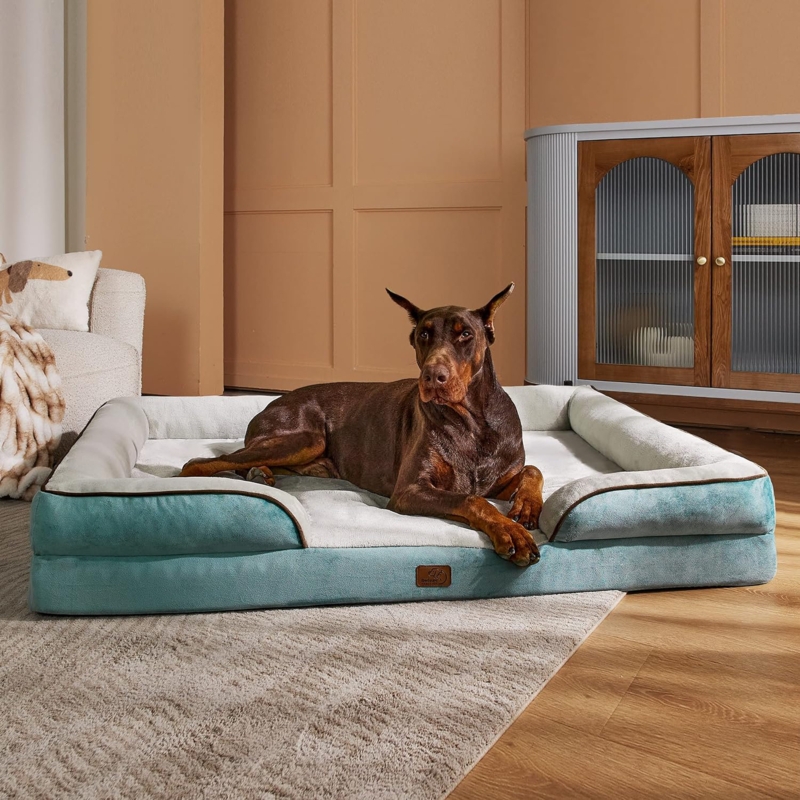 Dog Bed Two-Tone Washed Blue Bolstered Sides Piped Edges