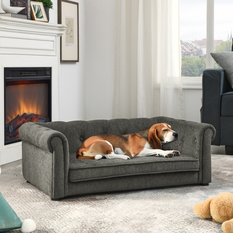 Dog Sofa Bed, Charcoal, Button Tufted, Miniature Scale.