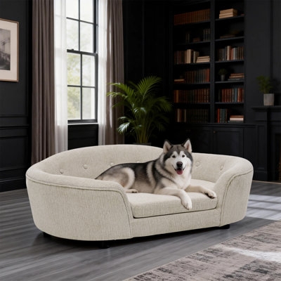 Dog Sofa Button-Tufted Back Oval Design Oversized Cream