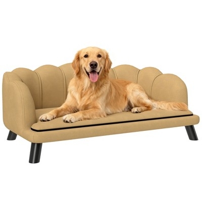 Dog Sofa, Channeled Upholstery, Scalloped Back, Tan, Glam
