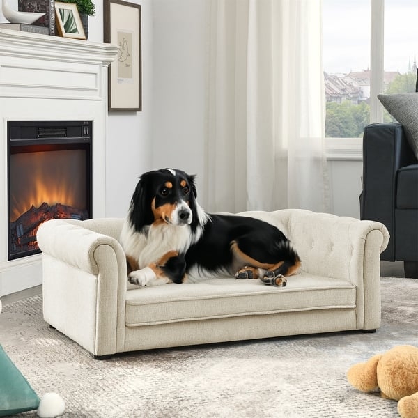 Dog Sofa, Cream Upholstered, Button Tufted, Rolled Arms.