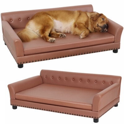 Dog Sofa Leather-Like Nailhead Trim Tan Tufted Back