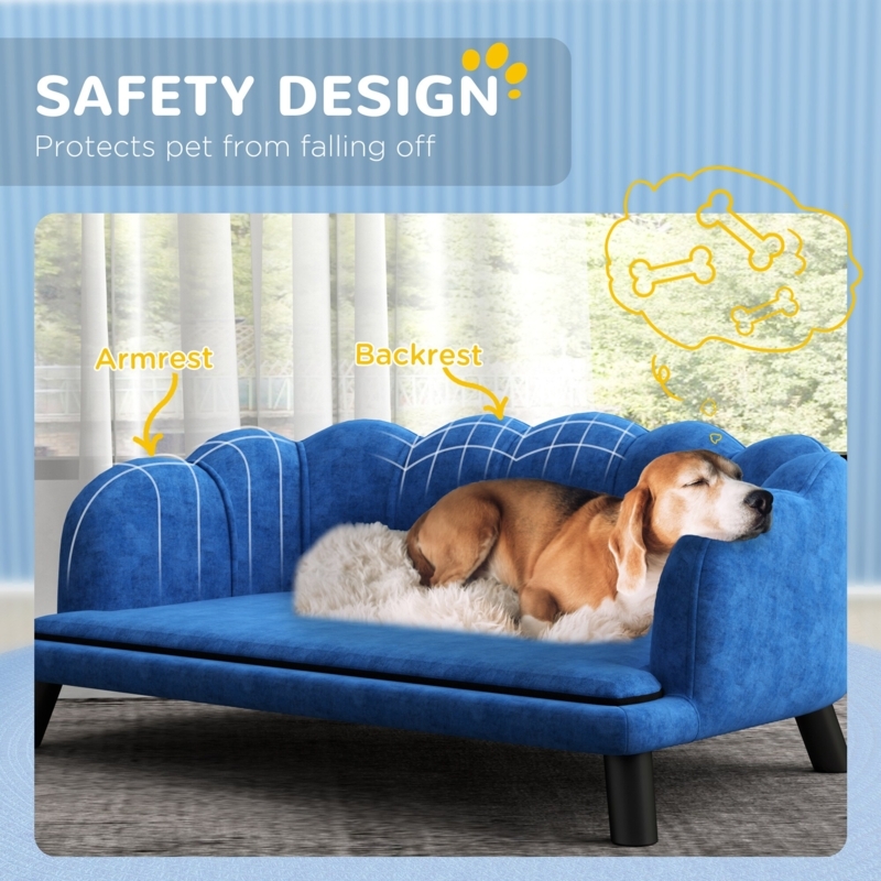 Dog Sofa Scalloped Backrest Dark Blue Velvet-Like Tapered Legs