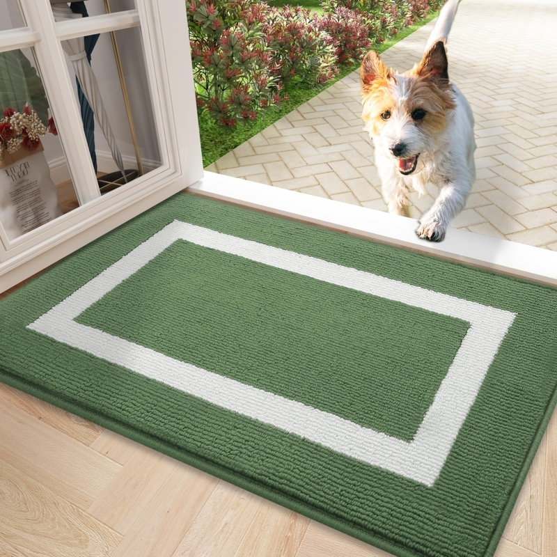 Door Mat Absorbent Ribbed Sage Green White Border Plush Fabric