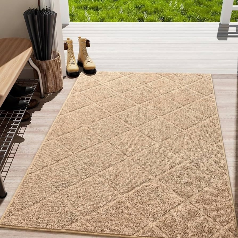 Door Mat: Beige Diamond Pattern Microfiber Low Profile Entryway Rug