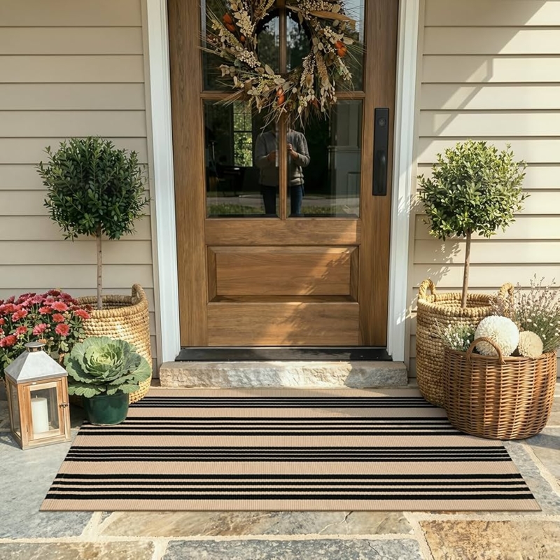 Door Mat Black Khaki Striped Layered Look Farmhouse Porch