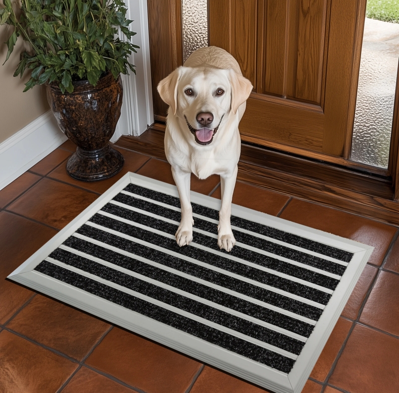 Door Mat Black Off-White Striped Ribbed Beveled Border High Contrast