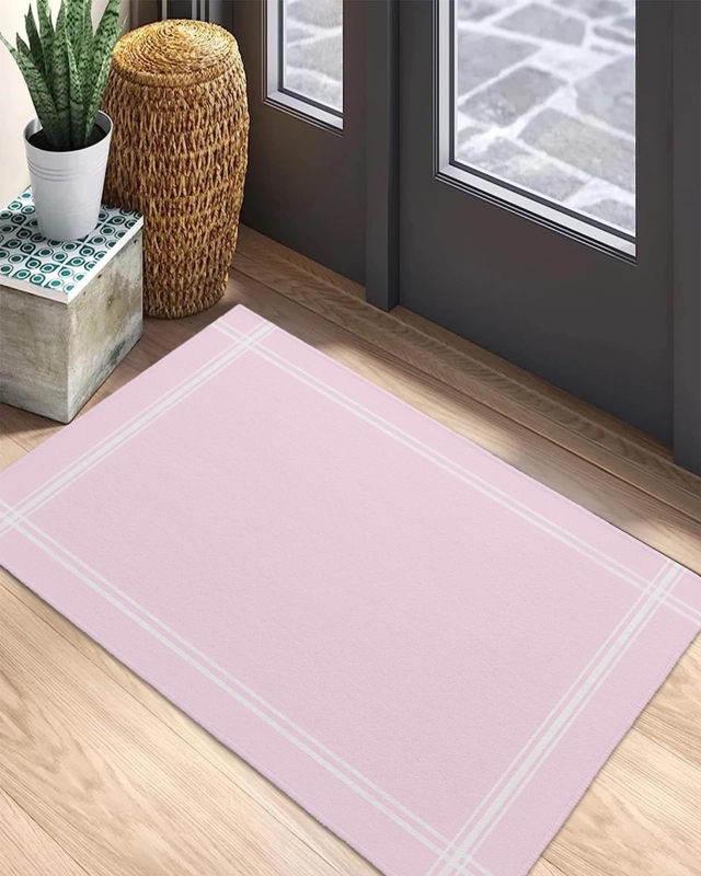 Door Mat Blush Pink Double White Border Low Profile Minimalist Rug