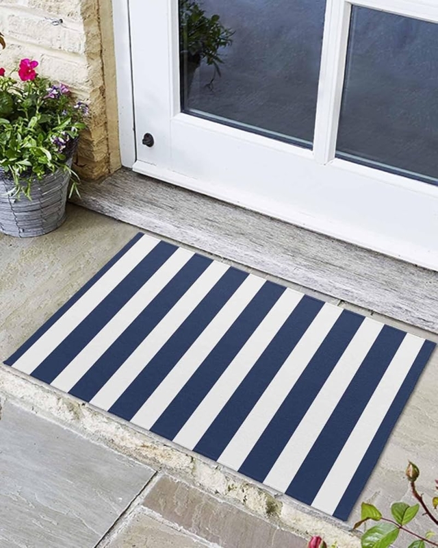 Door Mat Bold Blue White Striped Pattern Coastal Modern Porch