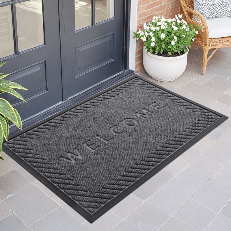 Door Mat Charcoal Embossed Welcome Text Diagonal Ribbed Porch
