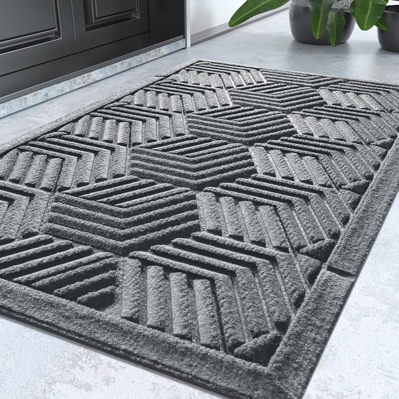 Door Mat Charcoal Gray Heavy Duty Raised Border Geometric Ribbed