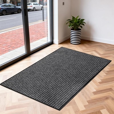 Door Mat Charcoal Gray Ribbed Minimalist Low Profile Non Slip Border