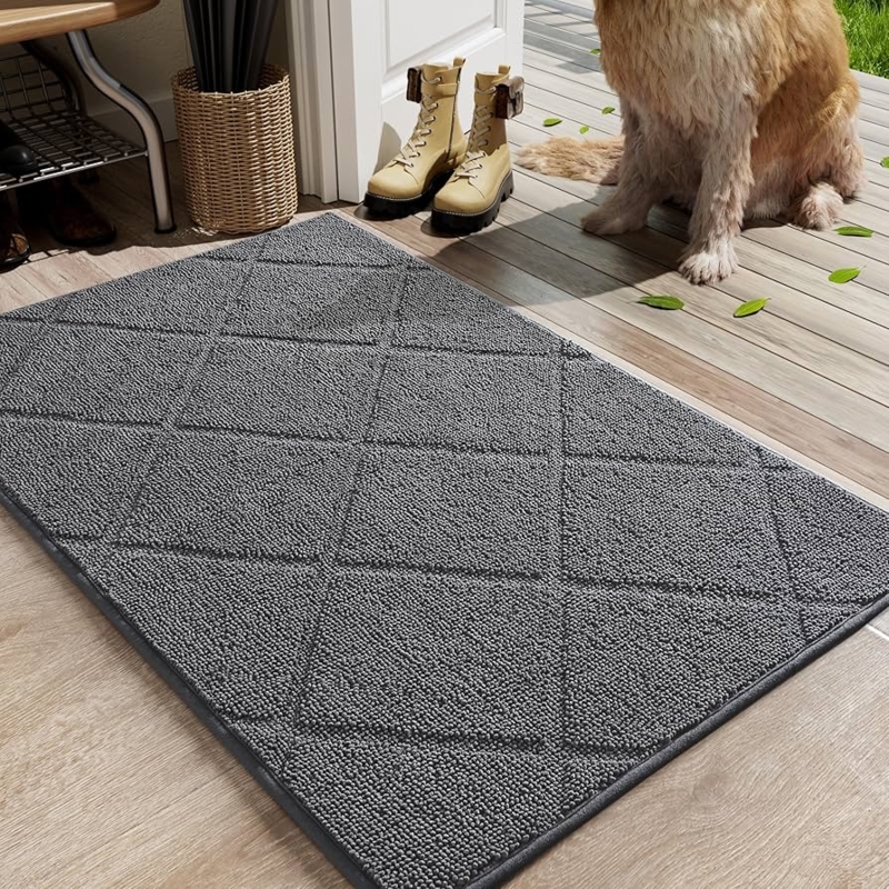 Door Mat Charcoal Grey Geometric Diamond Pattern Nubbly Texture