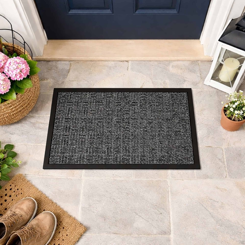 Door Mat Checkerboard Weave Black Rubber Frame Durable Border
