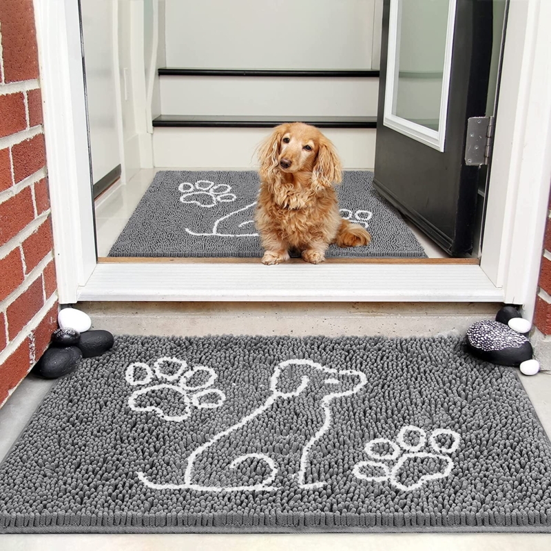 Door Mat Chenille Dog Silhouette And Paw Prints Absorbent