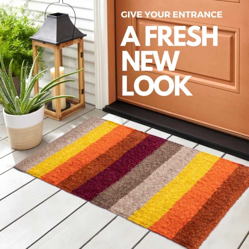 Door Mat Colorful Striped Entryway Vibrant Orange Woven Natural Fiber