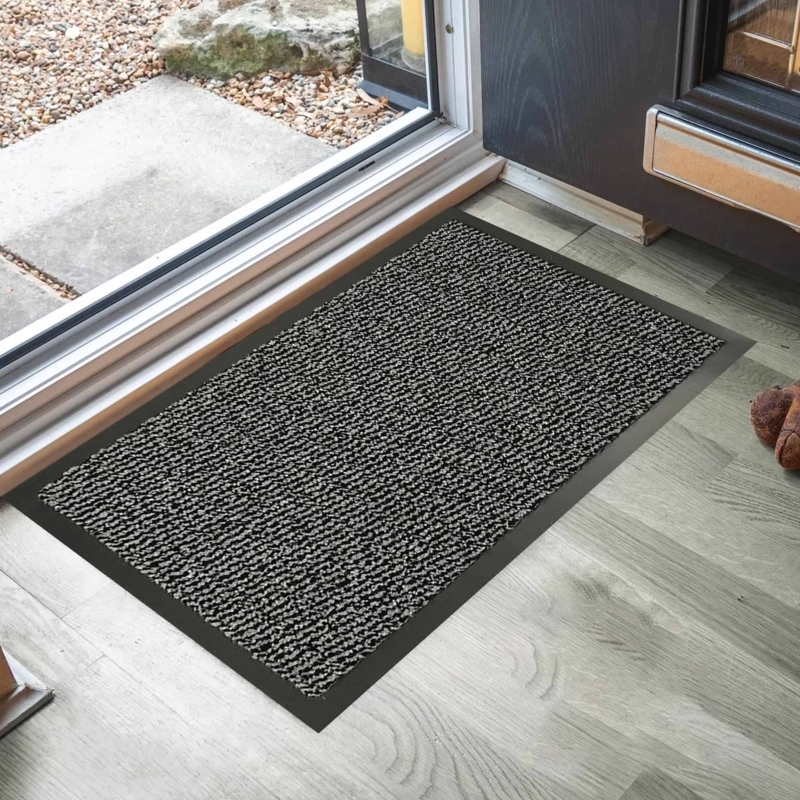 Door Mat Corded Ribbed Surface Solid Black Border Entry Way