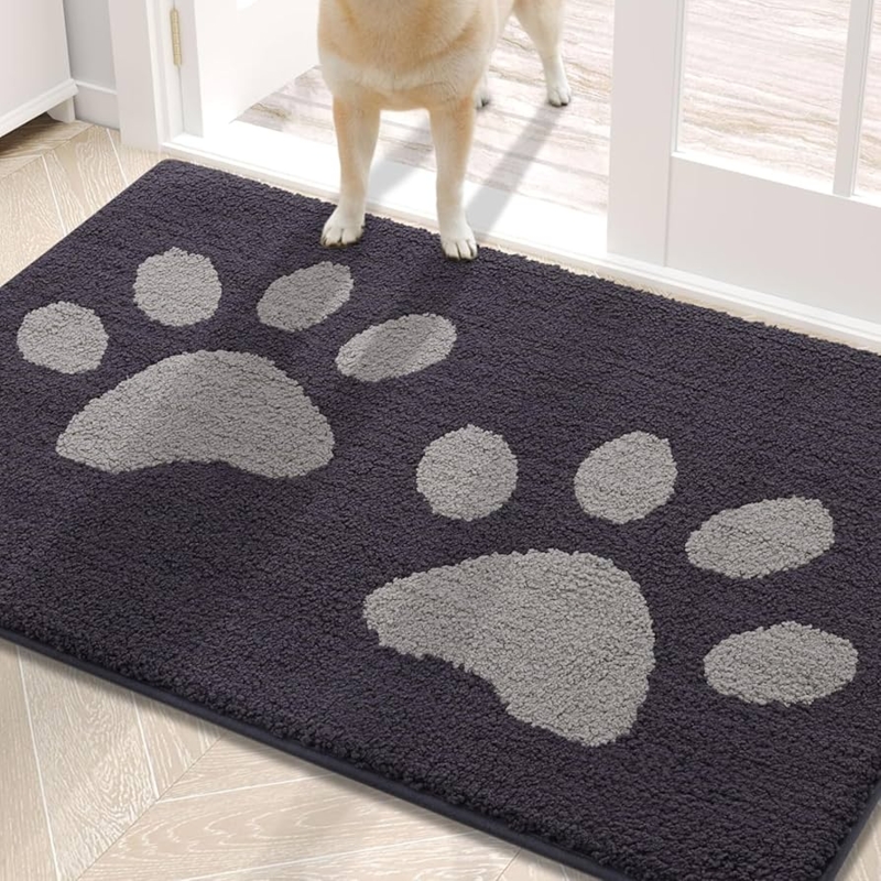 Door Mat Dark Grey Paw Print Pattern Shaggy Texture Absorbent