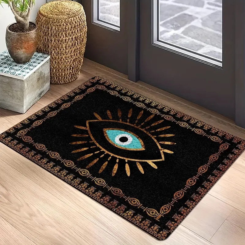 Door Mat Evil Eye Motif Gold Turquoise Black Mystical Eclectic