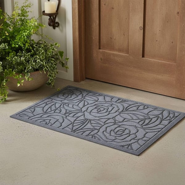 Door Mat Gray Embossed Rose and Leaf Pattern Traditional Botanical