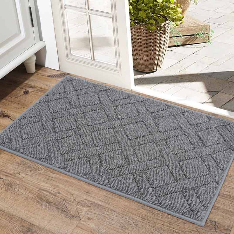 Door Mat Gray Geometric Trellis Raised Pattern Textured Surface