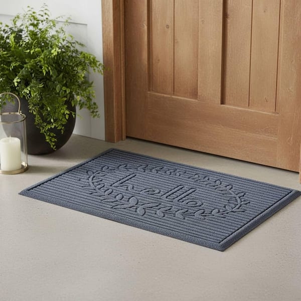 Door Mat Gray Hello Script Laurel Wreath Ribbed Texture Welcoming