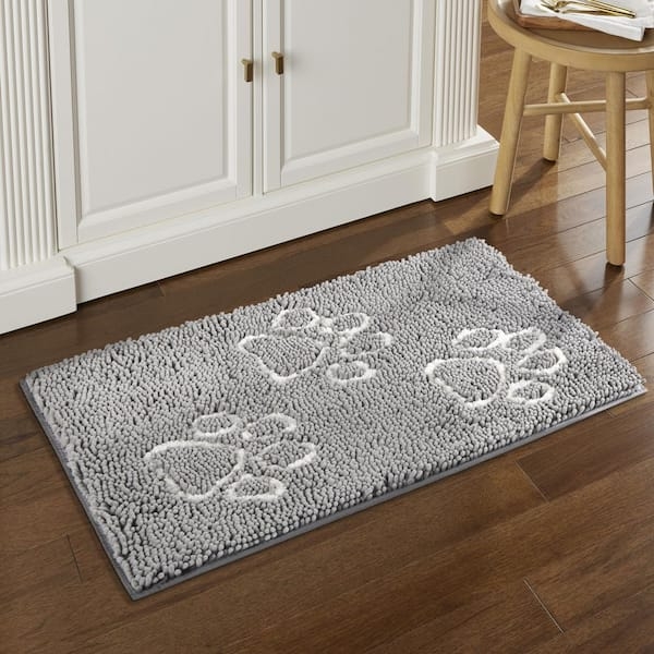 Door Mat Gray Shaggy Paw Print Design Absorbent Microfiber