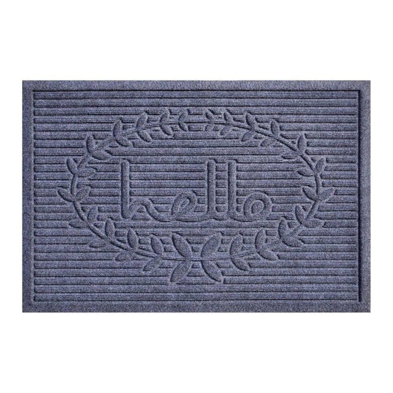 Door Mat Gray Wreath Motif Hello Greeting Ribbed Texture Embossed